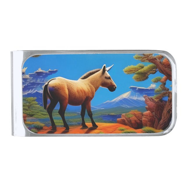 Cute Wild donkey overlooking a mountain valley Silver Finish Money Clip (Front)