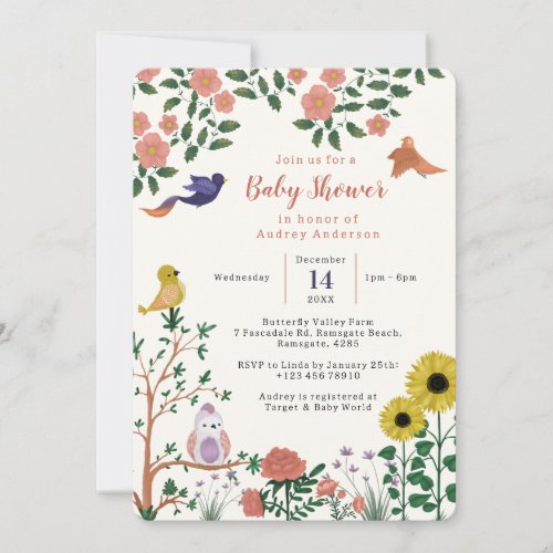 Cute Wild Flower and Birds Tea Party Baby Shower Invitation