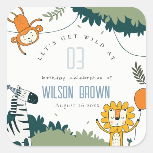 Cute Wild Jungle Animals Kids Any Age Birthday Square Sticker