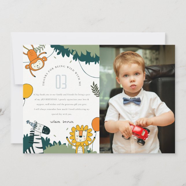 Cute Wild Jungle Animals Kids Photo Birthday Thank You Card (Front)