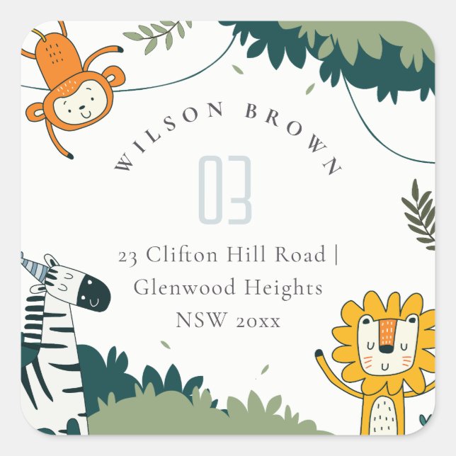 Cute Wild Jungle Animals Lion Monkey Kids Address  Square Sticker (Front)