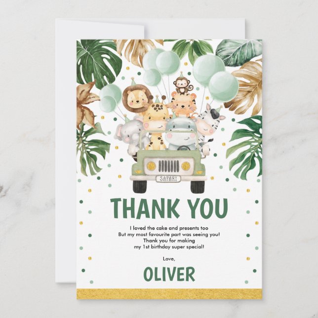 Cute Wild Jungle Safari Animals Greenery Birthday Thank You Card (Front)