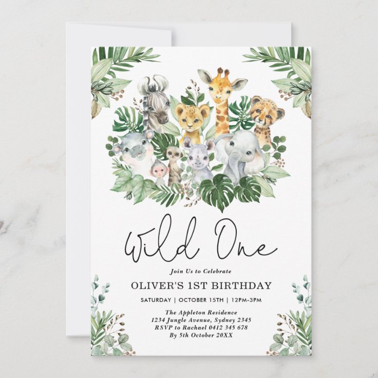 Cute Wild One 1st Birthday Jungle Safari Animals Invitation | Zazzle