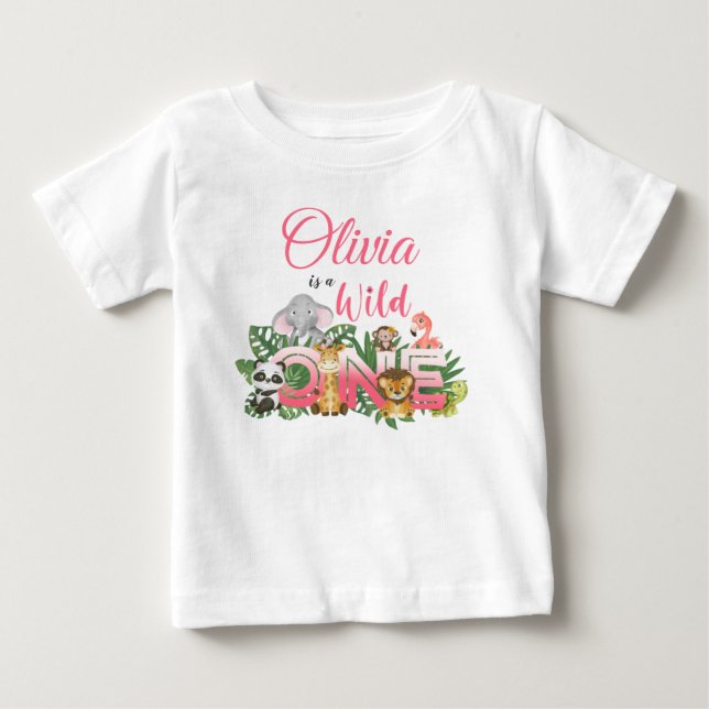Cute Wild One 1st Birthday Safari Jungle Girl Baby T-Shirt (Front)