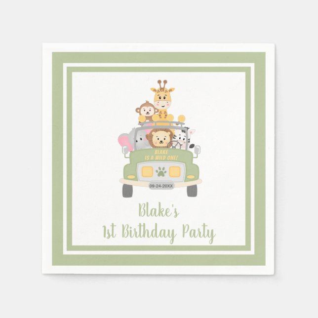 Cute Wild One Animal Safari 1st Birthday Party Napkins (Front)