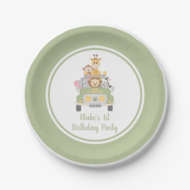 Cute Wild One Animal Safari 1st Birthday Party Paper Plates (Front)