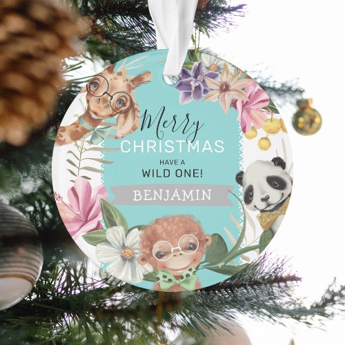 Cute Wild One Blue Jungle Kids Christmas Ornament