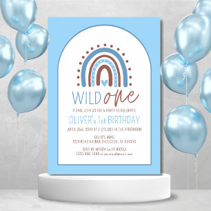 Cute Wild ONE Boho Rainbow Blue Boy Birthday 1st Invitation