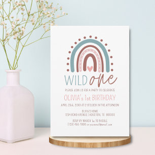 Cute Wild ONE Boho Rainbow Pink Girl Birthday 1st Invitation