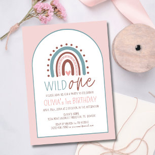Cute Wild ONE Boho Rainbow Pink Girl Birthday 1st Invitation