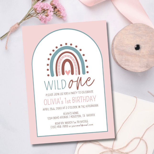 Cute Wild ONE Boho Rainbow Pink Girl Birthday 1st  Invitation (Creator Uploaded)