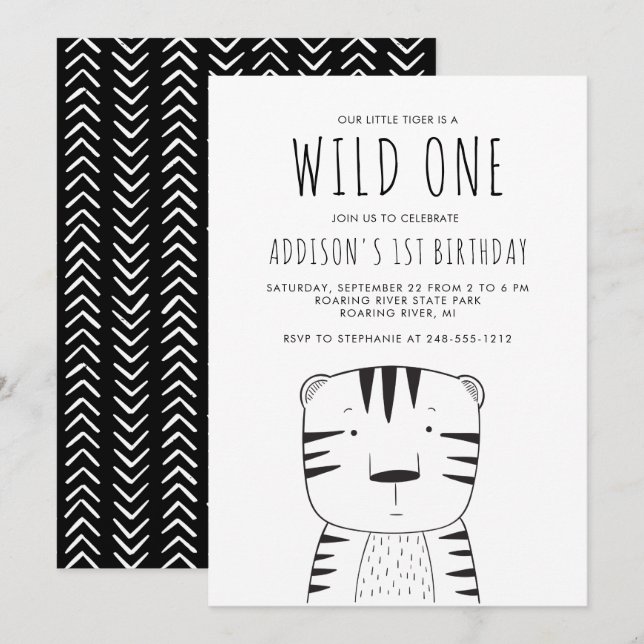 Cute Wild One First Birthday Black White Tiger Invitation (Front/Back)
