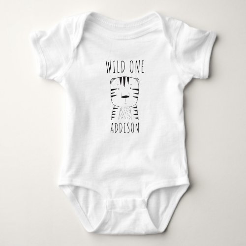 Cute Wild One First Birthday Tiger Black White Baby Bodysuit