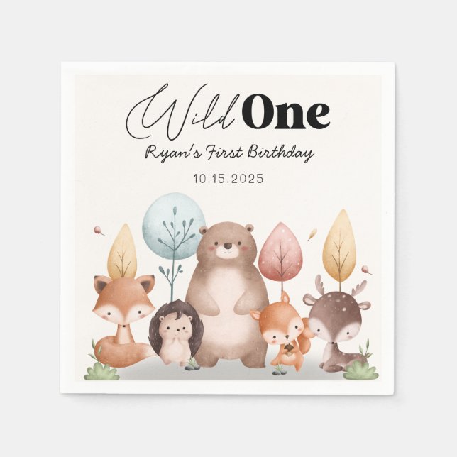 Cute Wild One Forest Woodland Animals Birthday  Napkins (Front)