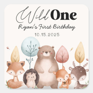 Cute Wild One Forest Woodland Animals Birthday Square Sticker