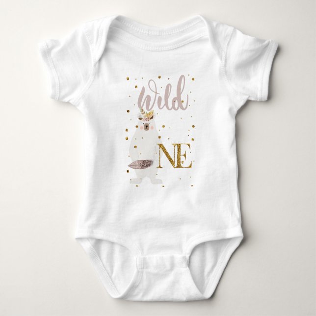 Cute Wild One Girl Glitter White Bear Baby Bodysuit (Front)