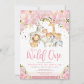 Cute Wild One Girl Safari Animals 1st Birthday Invitation (Front)