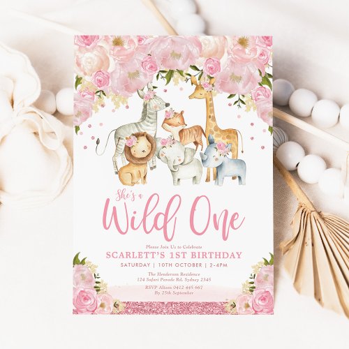 Cute Wild One Girl Safari Animals 1st Birthday Invitation