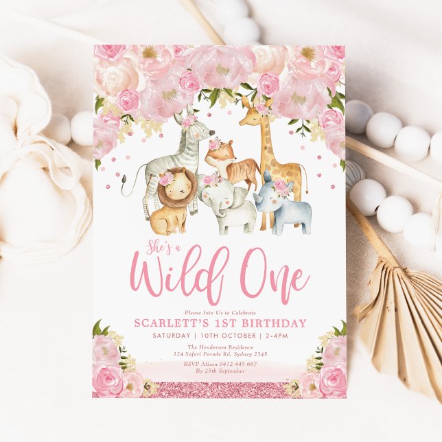 Cute Wild One Girl Safari Animals 1st Birthday Invitation