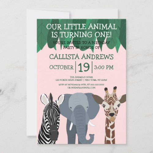 Cute Wild One Jungle Animals Leaves Birthday Invitation