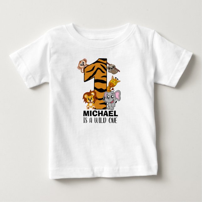Cute Wild One Jungle Animals Safari First Birthday Baby T-Shirt (Front)