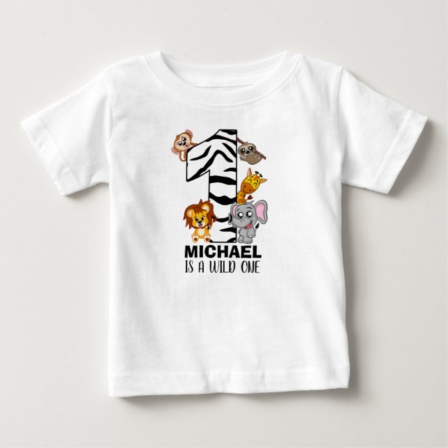 Cute Wild One Jungle Animals Safari First Birthday Baby T-Shirt (Front)
