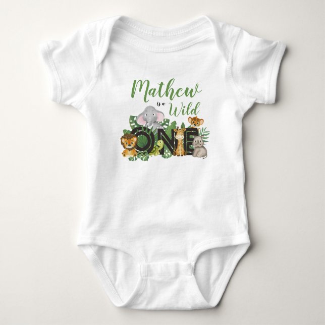 Cute Wild One Jungle Safari Animals First Birthday Baby Bodysuit (Front)