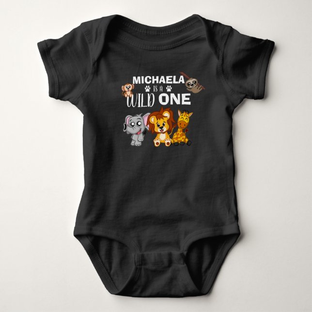 Cute Wild One Jungle Safari Animals First Birthday Baby Bodysuit (Front)