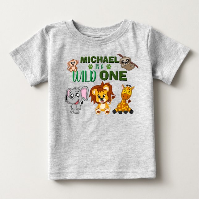 Cute Wild One Jungle Safari Animals First Birthday Baby T-Shirt (Front)