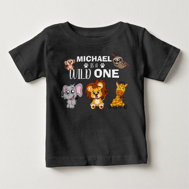 Cute Wild One Jungle Safari Animals First Birthday Baby T-Shirt (Front)