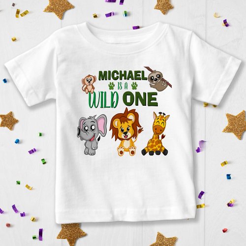 Cute Wild One Jungle Safari Animals First Birthday Baby T_Shirt