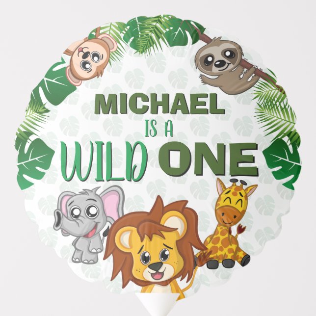 Cute Wild One Jungle Safari Animals First Birthday Balloon (Front)