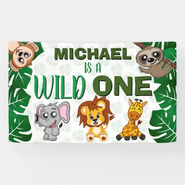 Cute Wild One Jungle Safari Animals First Birthday Banner (Horizontal)