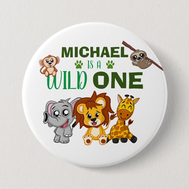 Cute Wild One Jungle Safari Animals First Birthday Button (Front)