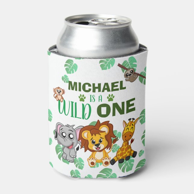 Cute Wild One Jungle Safari Animals First Birthday Can Cooler (Can Front)