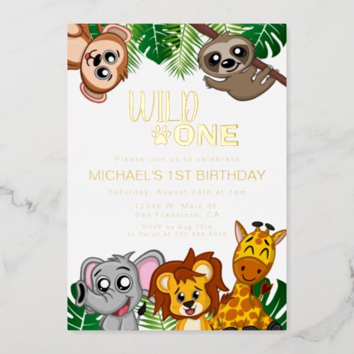 Cute Wild One Jungle Safari Animals First Birthday Foil Invitation