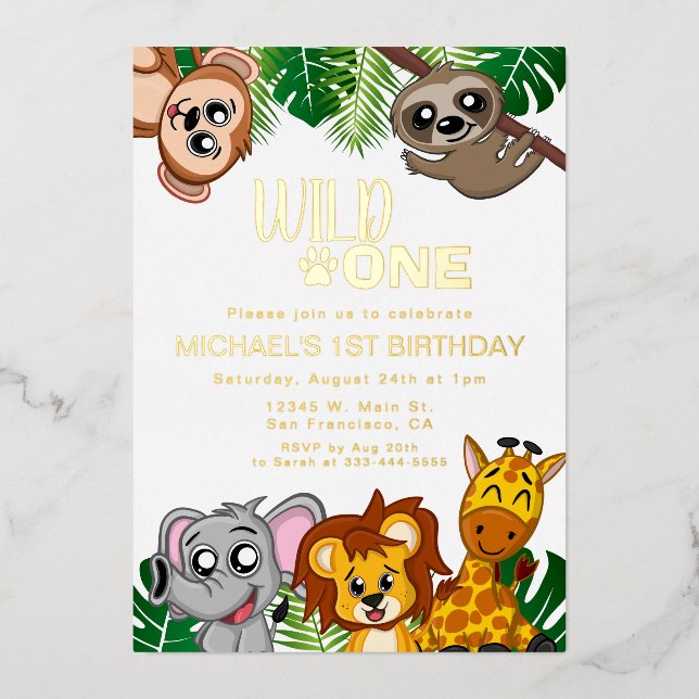 Cute Wild One Jungle Safari Animals First Birthday Foil Invitation (Front)