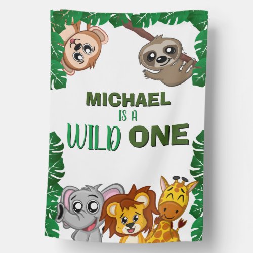 Cute Wild One Jungle Safari Animals First Birthday House Flag