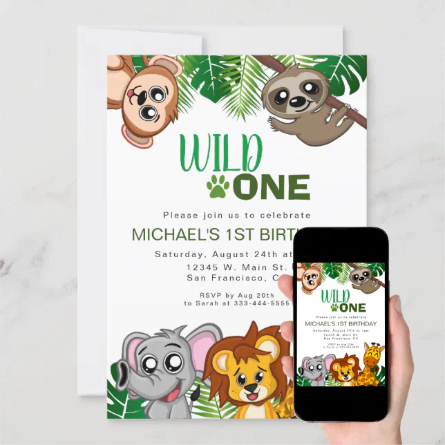 BIRTHDAY INVITATIONS 1st Birthday,Cute Jungle Animals,Wild One