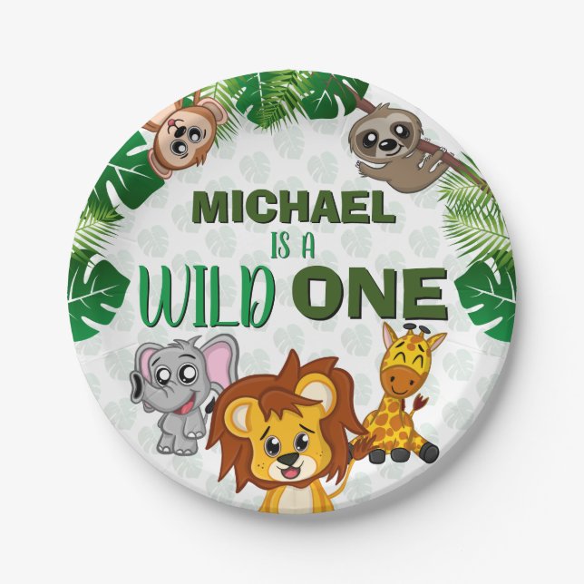 Cute Wild One Jungle Safari Animals First Birthday Paper Plates (Front)