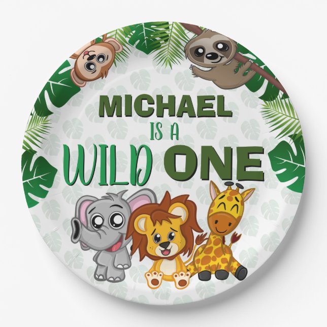 Cute Wild One Jungle Safari Animals First Birthday Paper Plates (Front)