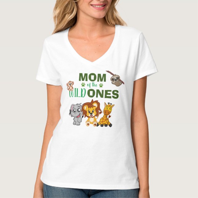 Cute Wild One Jungle Safari Zoo Animal Twins Mom T-Shirt (Front)