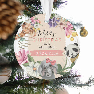 Cute Wild One Pink Jungle Kids Christmas Ornament