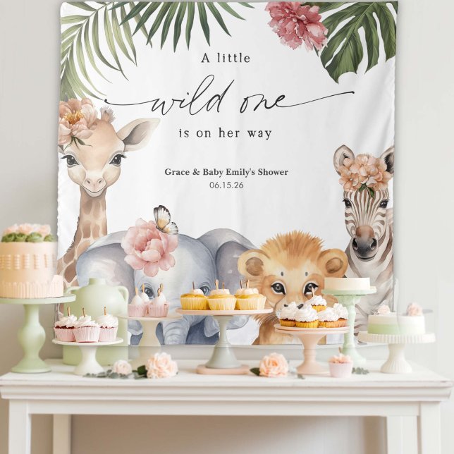 Cute Wild One Safari Animal Baby Shower Backdrop (Wild One Safari Animal, Baby Girl Shower Party Backdrop.)