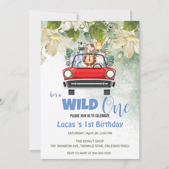 Cute Wild One Safari Animal love Car 1st Birthday  Invitation (Front)