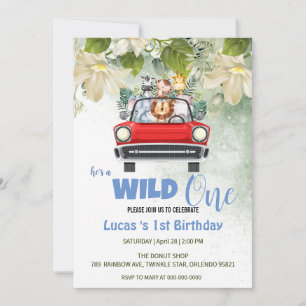 Cute Wild One Safari Animal love Car 1st Birthday Invitation