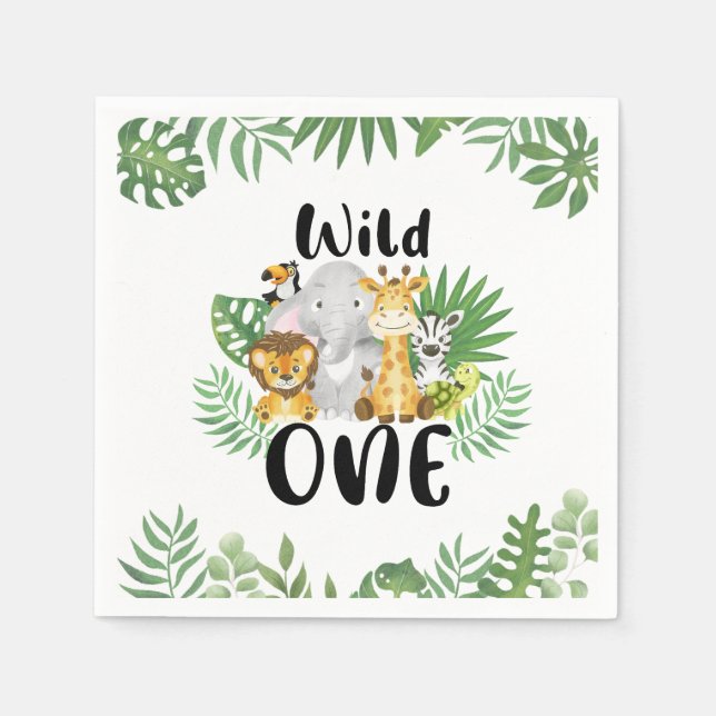 Cute Wild One Safari Animals 1st Birthday Napkins (Front)