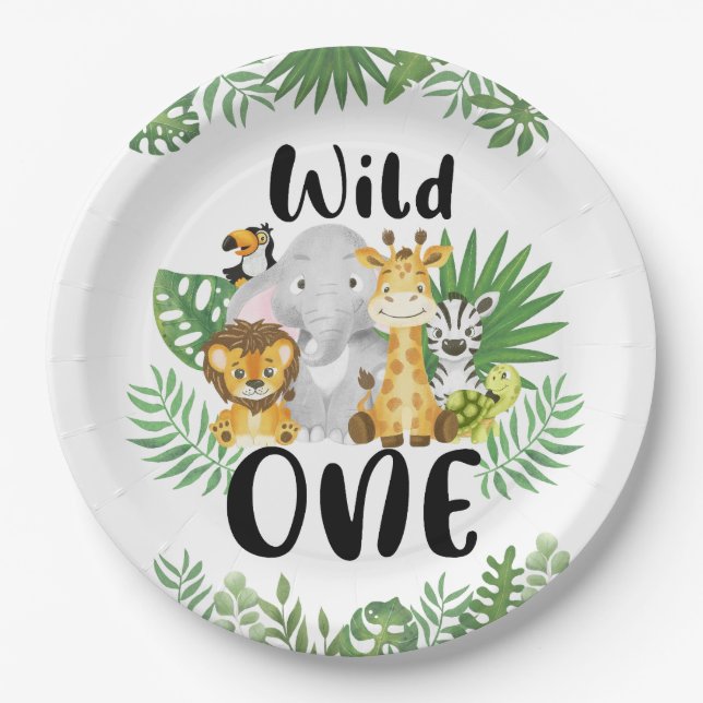 Cute Wild One Safari Animals 1st Birthday Paper Plates (Front)