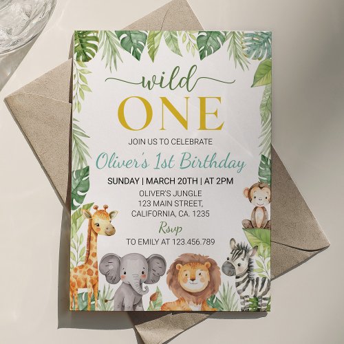 Cute Wild One Safari Animals Birthday Invitation