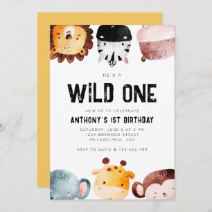 Cute Wild One Safari Animals Boy First Birthday Invitation